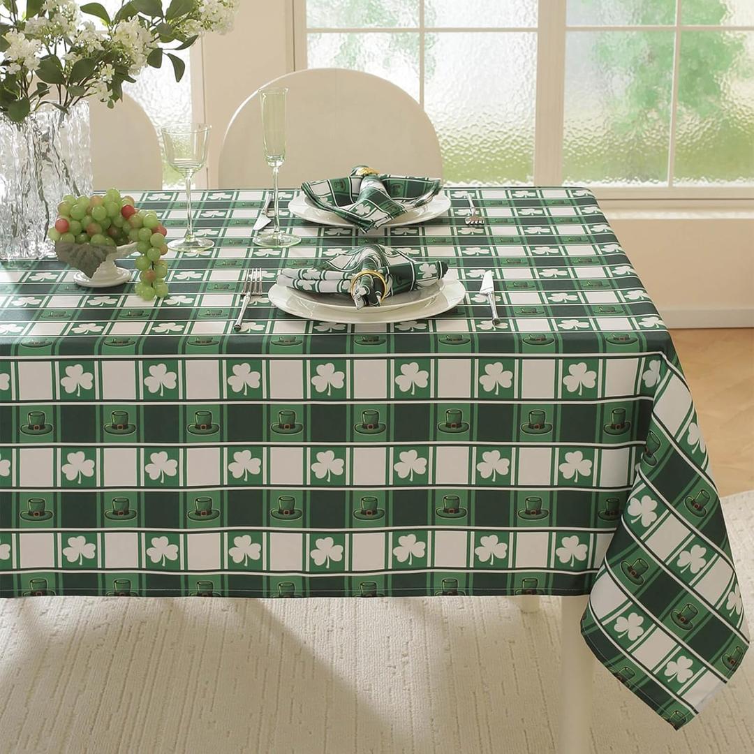 Honellaty St Patrick's Day Table Cloth Rectangle, Green Washable Soft Wrinkle Free Polyester Tablecloths Checkered Spillproof Tablecloth for Indoor & Outdoor Daily Use, 60x84 Inches