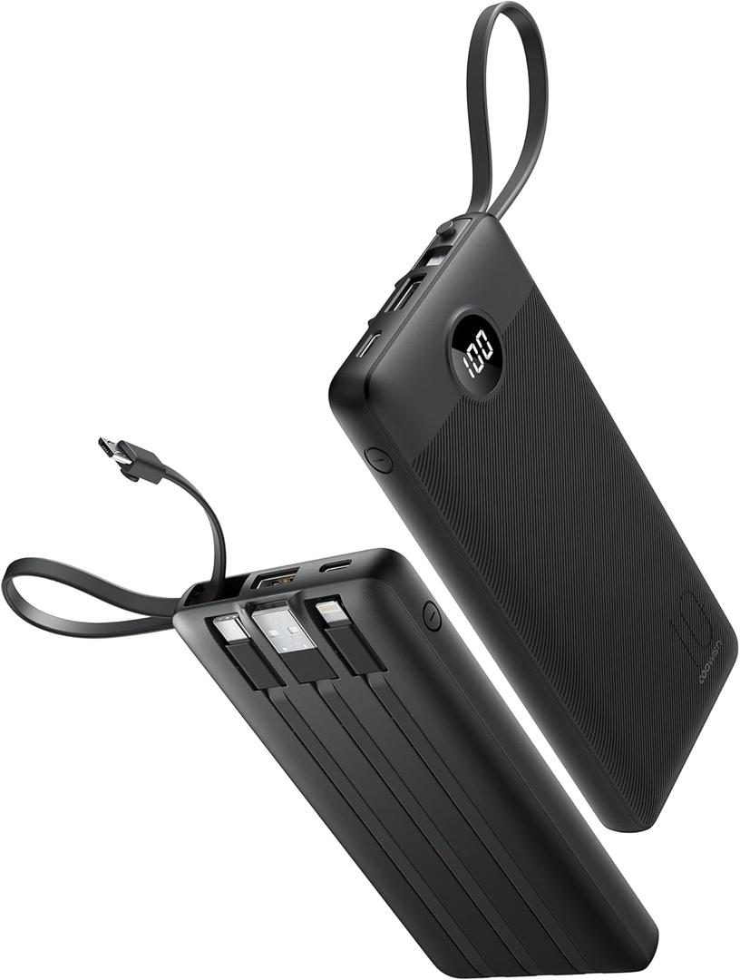 Portable Charger with Built in Cables, Slim 10000mAh Power Bank with USB C, External Battery Pack 5 Outputs 2 Inputs LED Display Compatible with iPhone/Android & More (Black)