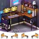 Aheaplus L Shaped Gaming Desk with Power Outlets & LED Lights, Rustic Brown, 49Inch