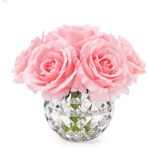 7 Large Stem Rose Artificial Flowers in Vase, Silk Flowers Arrangement in Round Glass Vase Without Water for Home Decor, Wedding Table (Pink) 7 Large Stem Rose Artificial Flowers in Vase, Silk Flowers Arrangement in Round Glass Vase Without Water for Home Decor, Wedding Table (Pink)