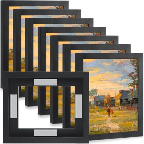 Qunclay 4 Pcs 8 x 10 Inch Canvas Floating Frame Black Floater Frames for Canvas Painting Wood Vertical and Horizontal Wall Hanging Frame with Adhesive Strips for Prints Oil Painting Diamond Decor