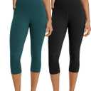 ODODOS 2-Pack High Waist Workout Capris for Women, 19" Tummy Control Athletic Running Cropped Leggings, Black+Forest Teal, Small (S)