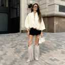 Mattiventon Knee High Boots for Women Fashion Fringe Boots with Square Toe Chunky Heel Pull On Suede Tall Boot for Party Dating (Beige), 8