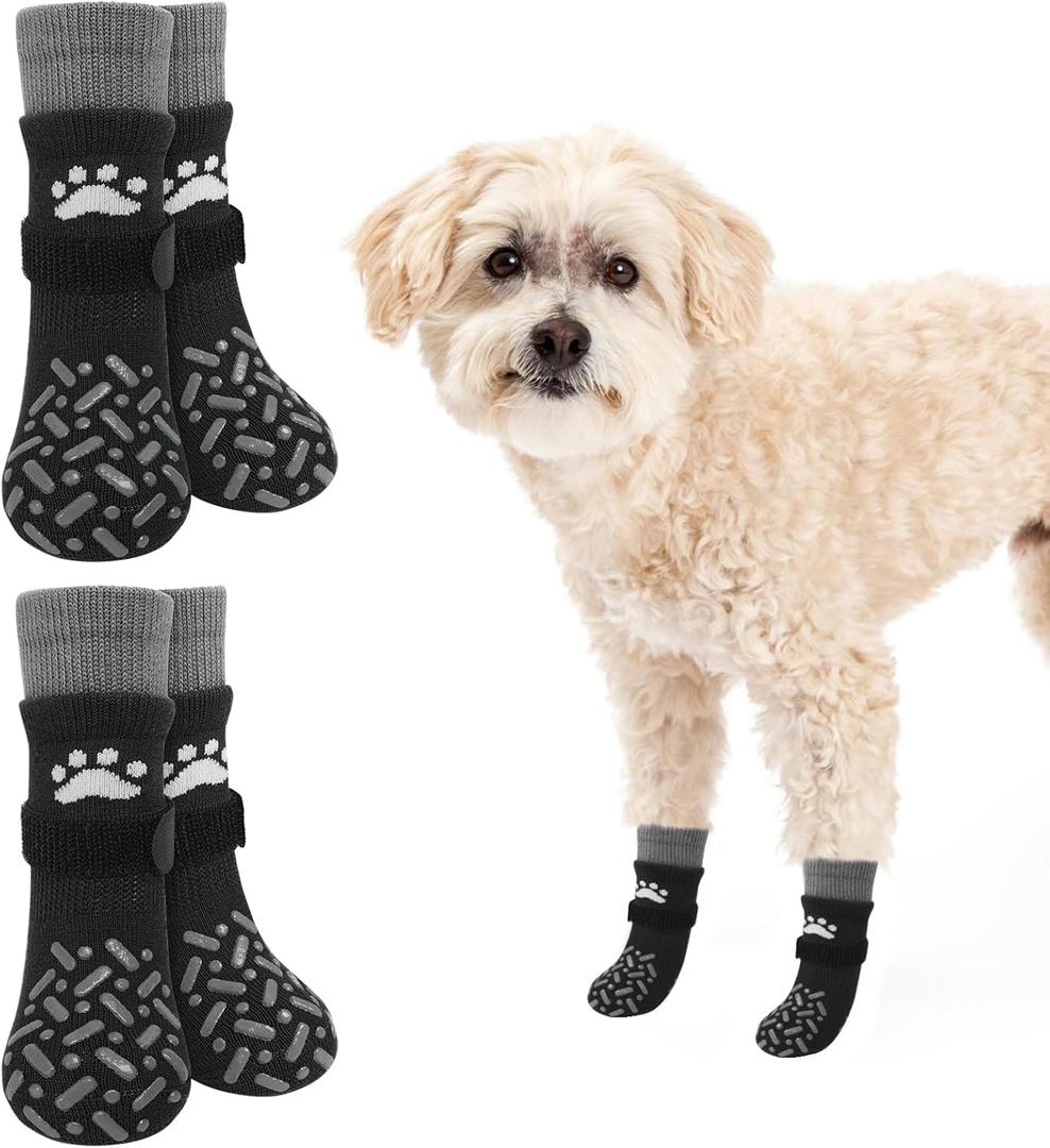 SCENEREAL Anti Slip Dog Socks to Prevent Licking Paws, Dog Shoes for Hot/Cold Pavement, Paw Protector Traction Control on Hardwood Floor, Dog Shoes Booties for Puppy Small Medium Large Senior Dogs (XS(Pack of 4), Classic Style-Black)