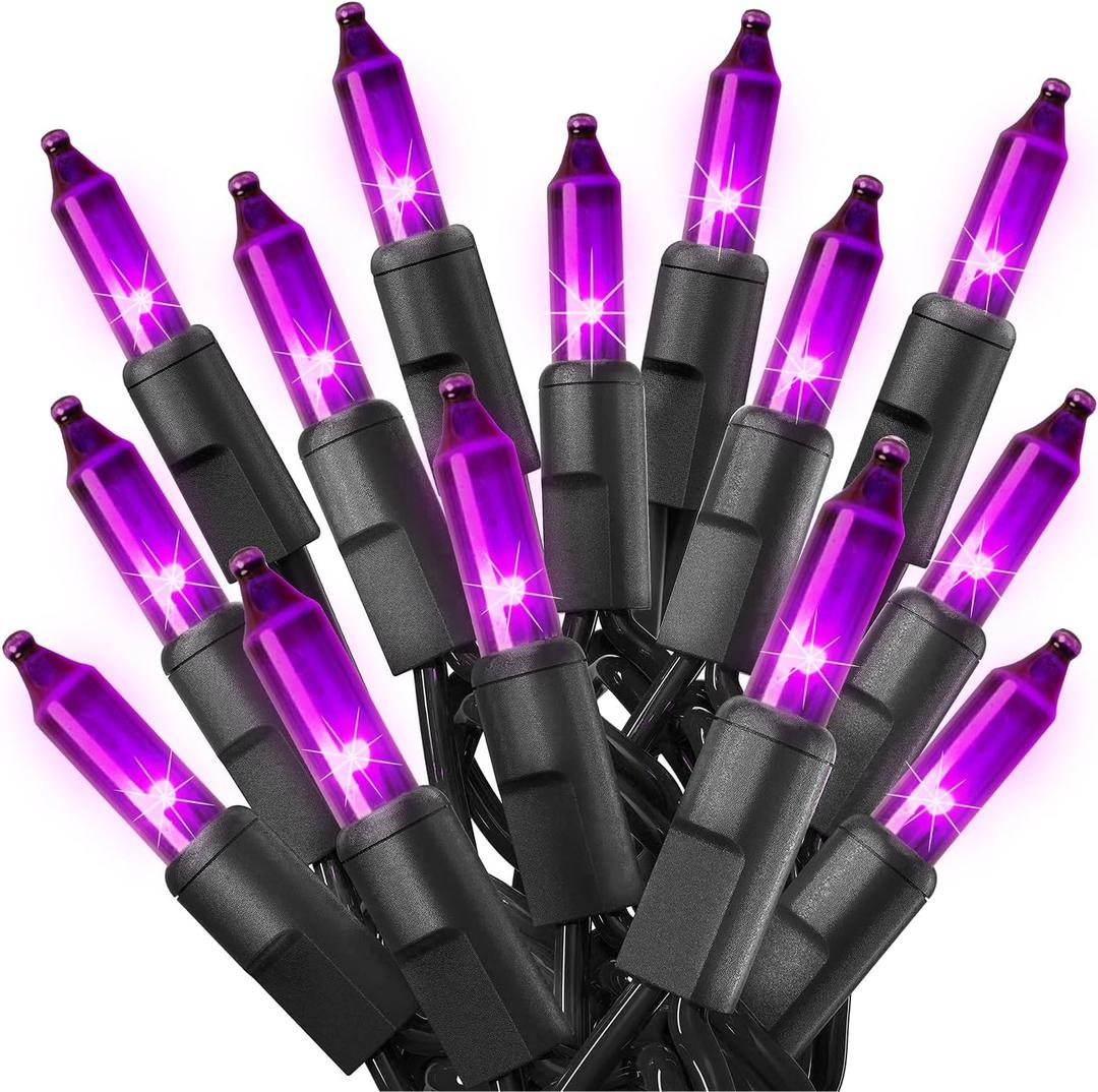 PREXTEX Purple Lights (20 Feet, 100 Bulbs) - Halloween Party Decorations and Christmas Lights with Black Wire - Holiday Decorations Indoor or Outdoor String Twinkle Lighting