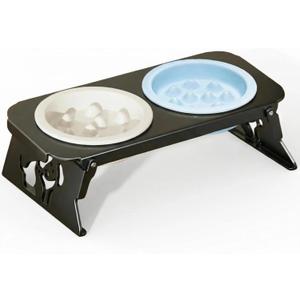 Elevated Ceramic Slow Feeder Bowls, 2 Bowls & Black Stainless Steel Stand,for Cats and Small Medium Dogs, 1.5 Cups*2,Raised Cat Food and Water Bowl Set, Blue & White