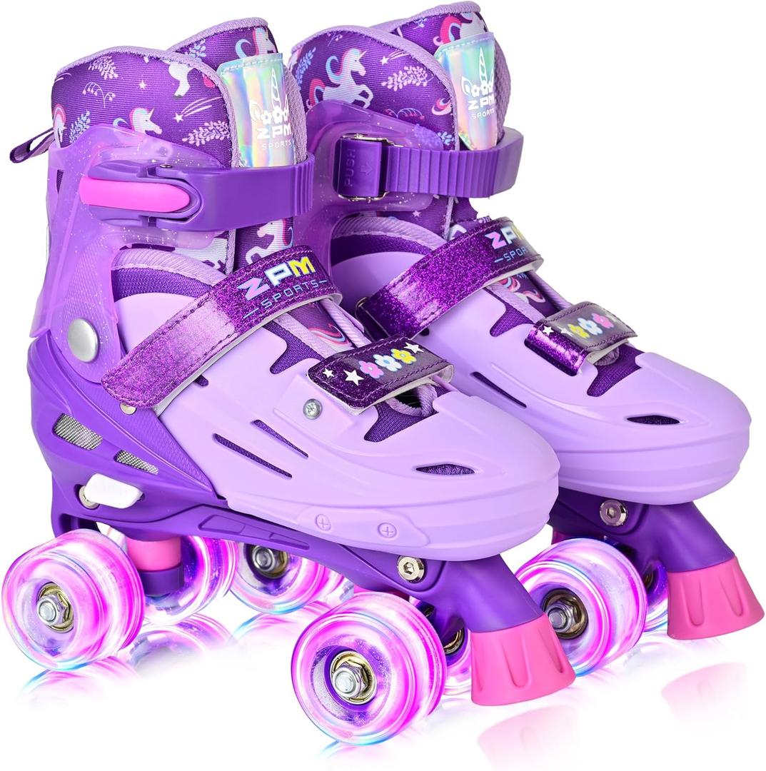 2PM SPORTS Roller Skates for Girls Boys Kids Age 4-6 5-8 6-12 8-12 with Light Up Wheels, Adjustable Youth Rollerskates Size 10C 11C 12C 13C 1 2 3 4 5 6 (Medium - Big Kid, Purple)