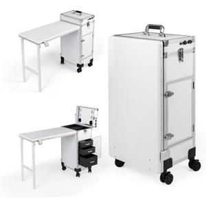 Rolling Manicure Table with LED Mirror, Foldable Nail Desk on Wheels with Drawers, Portable Mobile Workstation for Nail Technicians Travel (White)