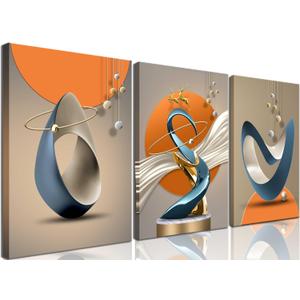 3 Pcs Bright Style Canvas Wall Art Modern Abstract Golden Deer Luxury Foil Lines Posters Prints White Blue orange color Grey Painting Pictures for Living Room Bedroom Office Home Wall Decor Framed