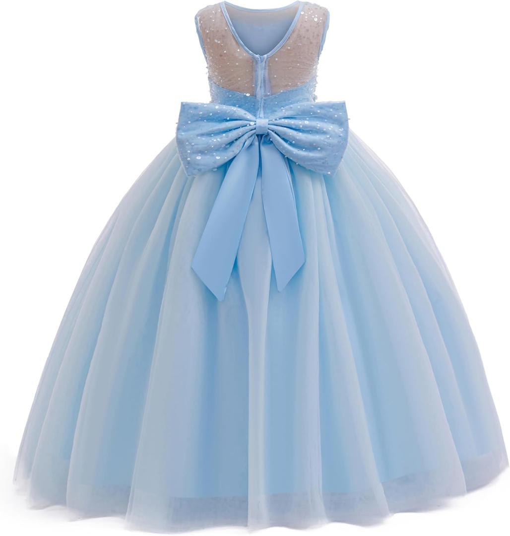 Girls Sequin Tulle Dress Formal Pageant Sparkly Birthday Party Wedding Guest Ball Gown Dresses with Bow (Blue, S)