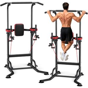 Dskeuzeew Pull Up Bar Free Standing for Multi-Function Home Gym Strength, Pull Up Dip Station Assistive Trainer Height Adjustable, Power Tower Training Heavy-Duty Fitness Equipment (Black Red)