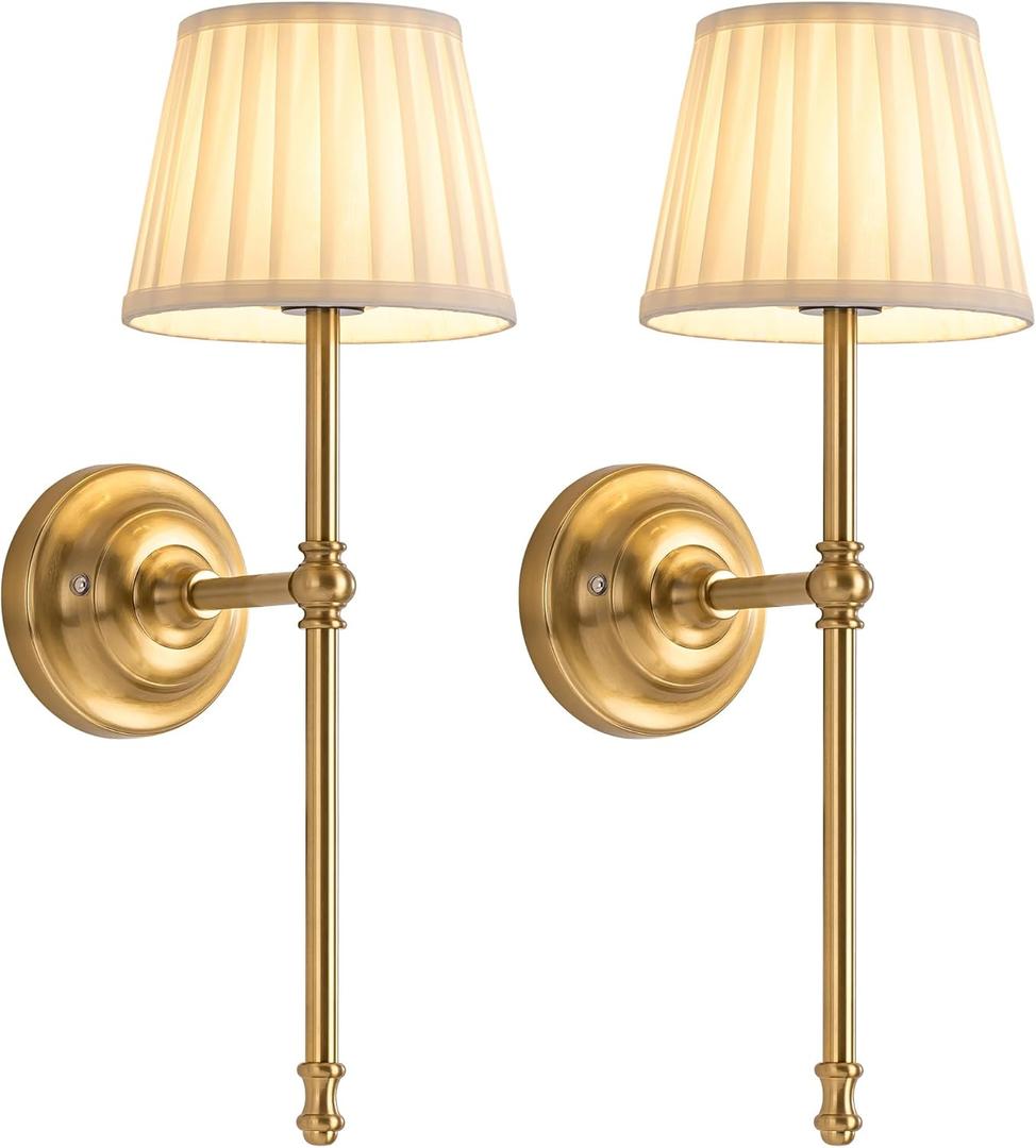 KDG Cordless Wall Sconces Set of 2, Small Wireless 5200mAh Rechargeable Battery Fabric LED Wall Lamps, Portables Lightings for Wall Painting, Living Room, Bedroom, Hallway, Gifts, Night Light (Gold)