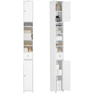 SoBuy Bathroom Narrow Storage Cabinet, Skinny Tall Unit with Adjustable Shelves Slender, Bathroom Organizers and Storage, Anti-Tipping Floor Standing Cupboard Laundry Room, White BZR34-W