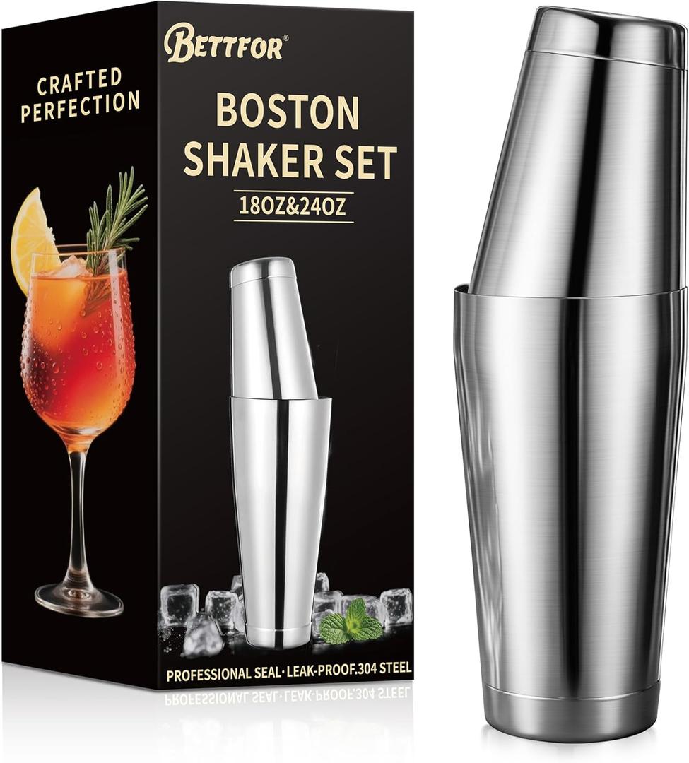 Boston Shaker Set, 18oz & 28oz 2-Piece Tins, Professional 304 Stainless Steel Cocktail Shaker with Leak-Proof Weighted Base for Bartending, Home & Bar Use (Silver)