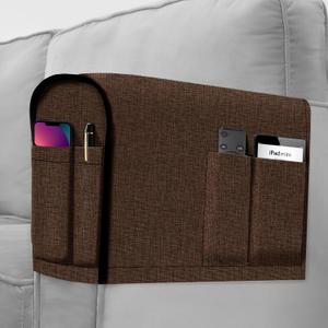 Joywell Linen Armrest Covers for Living Room Anti-Slip Sofa Arm Protector for Dogs, Cats, Armchair Slipcover for Recliner with 4 Pockets for TV Remote Control, Phone, Set of 2, Dark Brown
