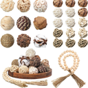 25 Pcs 3.15 and 1.97 Inch Decorative Balls, 20.9 Inch Garland Wood Beads Rattan Wicker Balls with Spheres Orbs Filler for Garden Table Vase Bowl Filler Centerpiece(Wood,Wicker Rattan)