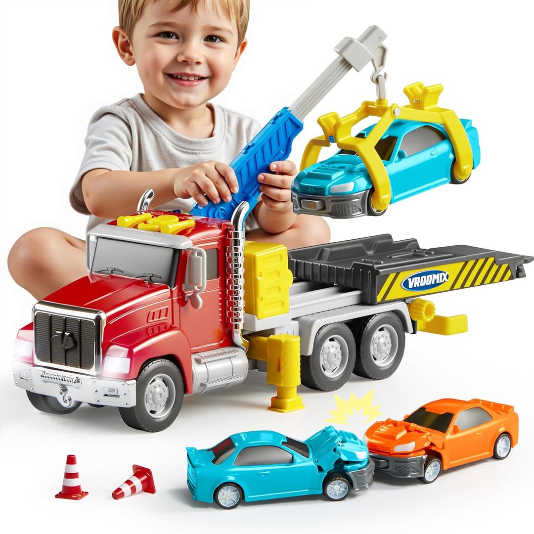 Jova Vroomix Kids Tow Truck Toys for 3 4 5 6 7 Years Old Boys, Toddler Car Toys, Large Truck with 2 Transformation Cars and Trailer, Crane with Lights and Sounds, Christmas Birthday Gifts