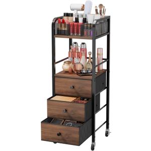 HapiRm Rolling Makeup Cart Organizer - Floor Skincare Make Up Storage with 3 Non-woven Fabric Drawers, Vanity Organizer Cosmetic Display Cases Holder for Skin Care Perfume Nail Polish Brush Hair Tool (Black)