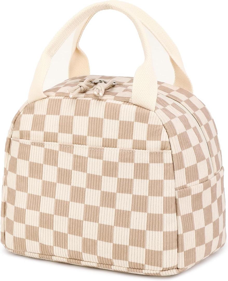 Bluboon Lunch Bag for Women Men Cute Corduroy Lunch Tote Bags Reusable Insulated Lunch Box Large Capacity Reusable Insulated Cooler for Work Picnic or Travel (Corduroy checkered brown)