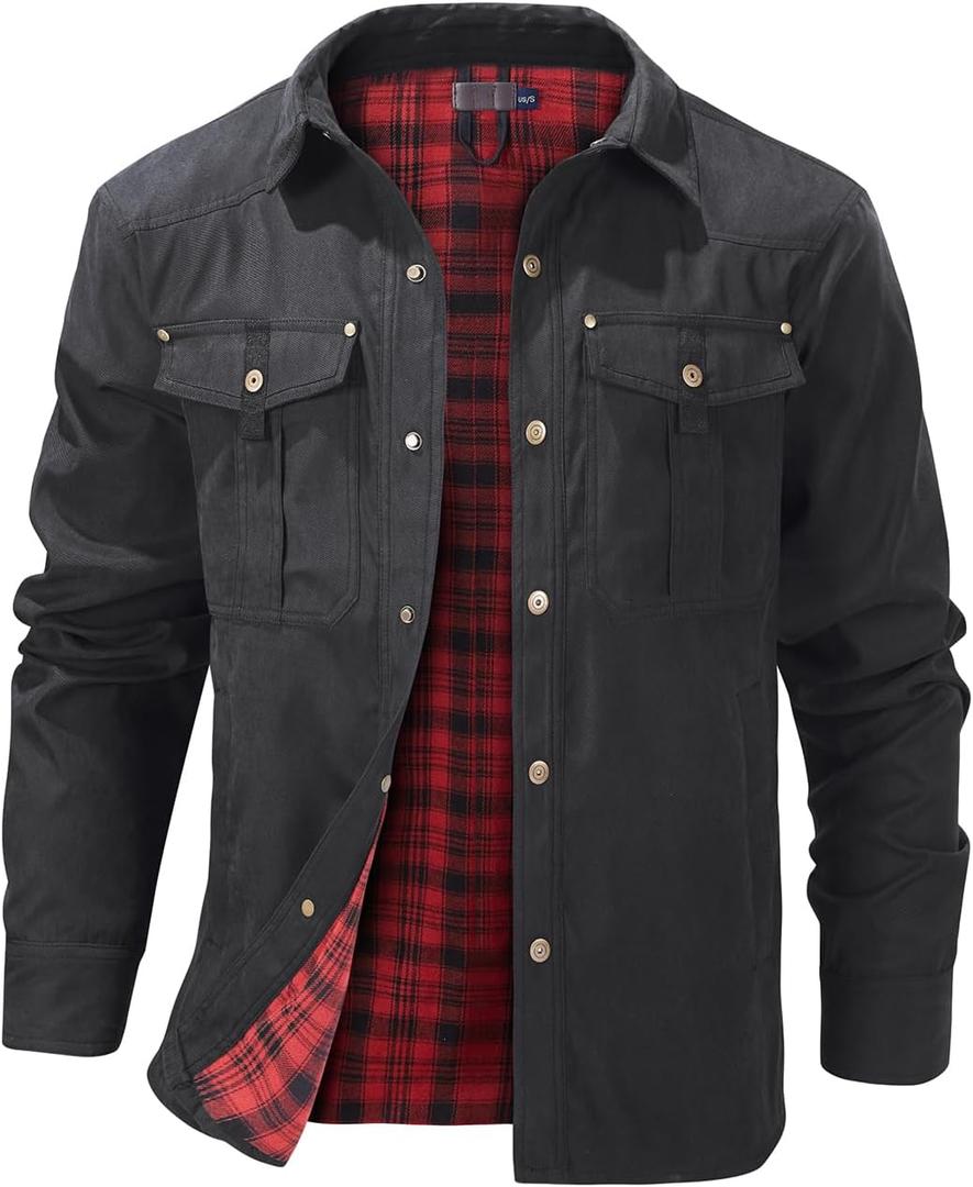 Eisctnd Mens Lined Flannel Cowboy Vintage Jackets Snap Plaid Western Shirts Coat for Hiking Hunting Camping Work Outdoor (Large, Black)