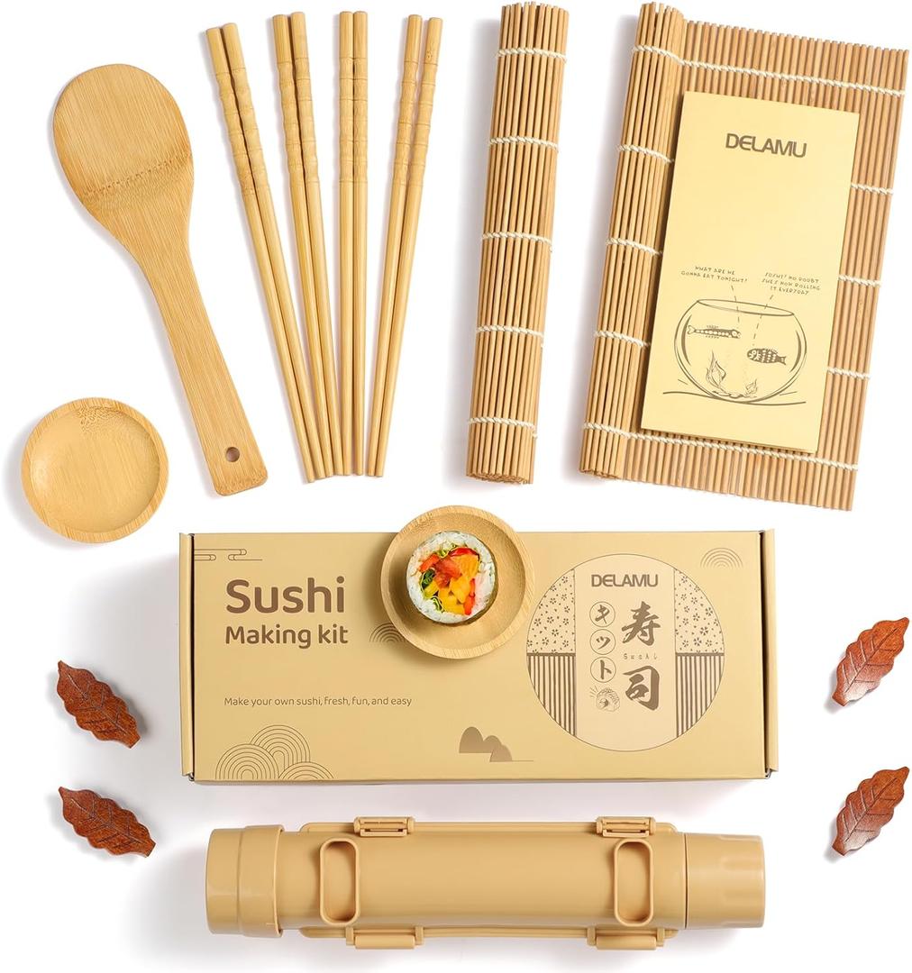 Delamu Easy Sushi Making Kit: Bamboo Mats, Sushi Bazooka, Chopsticks, Guide & More