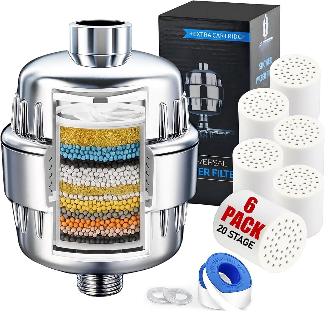 Beati Faucet Chrome Shower Filter with KDF-55, Alkaline Carbon, Vitamin C & E | 6 Cartridges Hard-Water Softener Removes Chlorine, Fluoride & Heavy Metals | Soothes Dry Skin, Itchy Scalp & Hair Loss