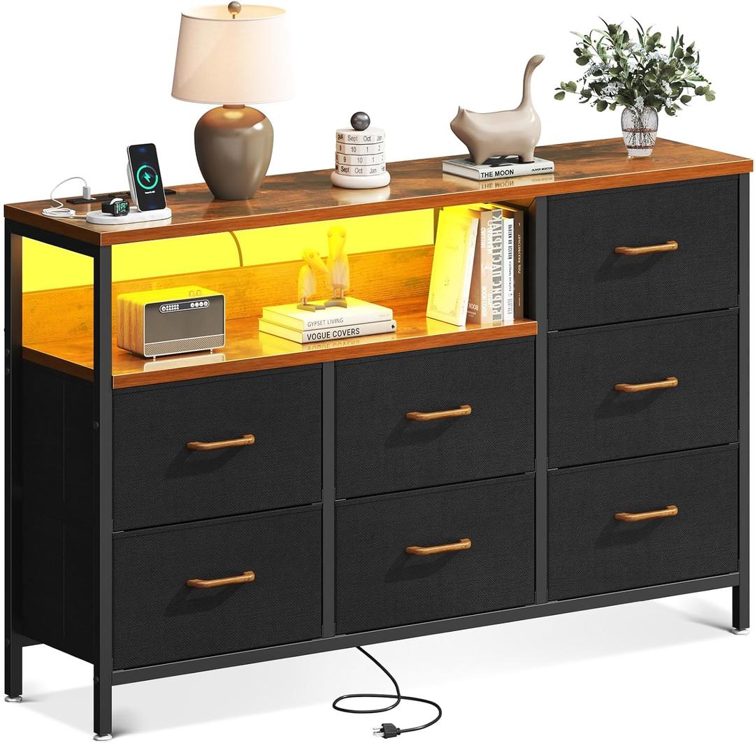 AODK Dresser with LED Lights and Charging Station, 52-Inch Long Dresser for Bedoom with 7 Large Storage Drawers, Fabric Dresser TV Stand with Open Shelves, Vintage (Vintage and Black)