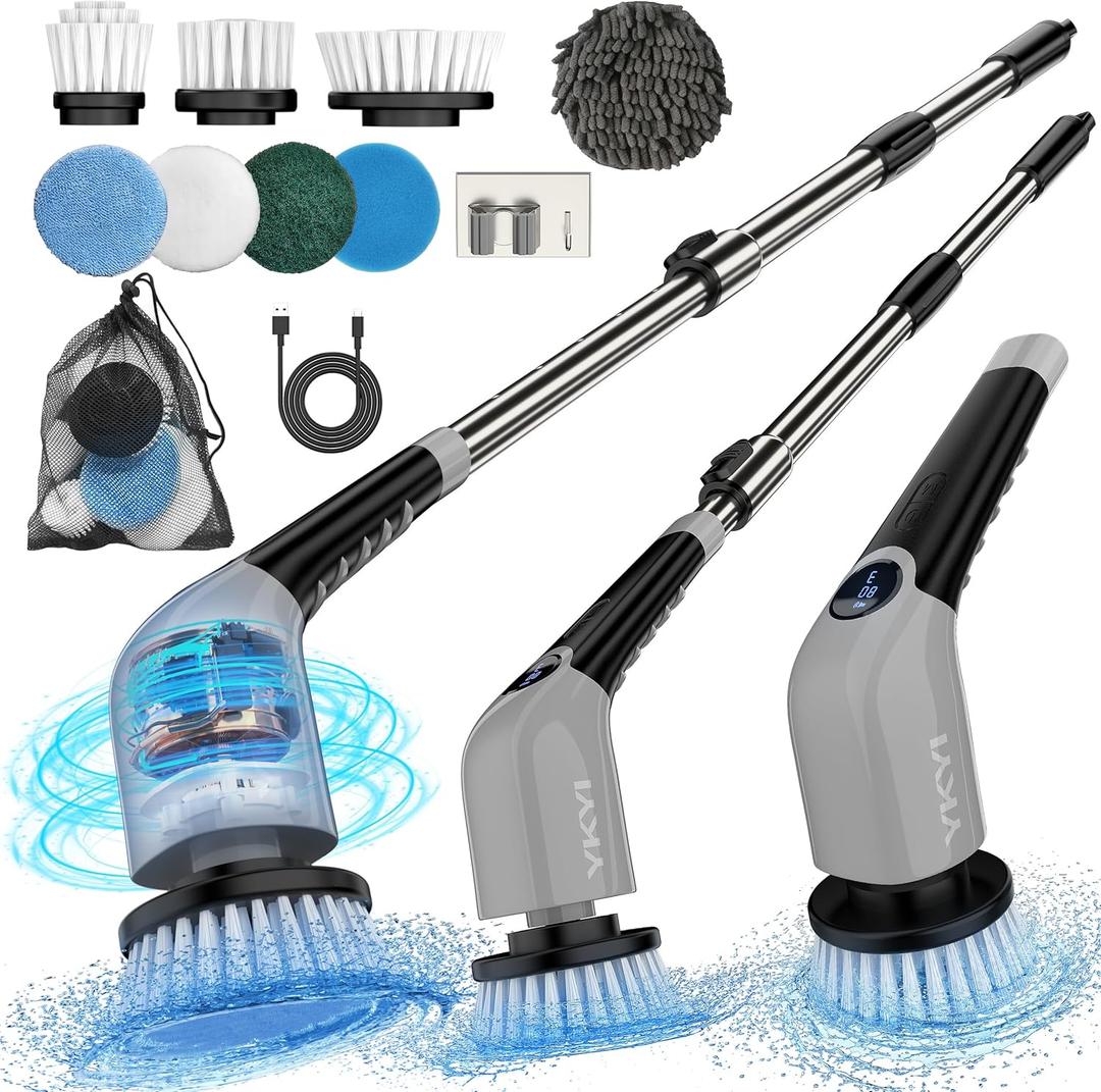 YKYI Electric Spin Scrubber,Cordless Electric Cleaning Brush,Power Scrubber with 8 Replaceable Brush Heads,3 Adjustable Speeds,Voice Broadcast,Shower Scrubber with Long Handle for Bathtub Tile Floor (Gray)