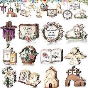 36 Pcs Vintage Easter Tree Decorations Religious Easter Ornaments for Tree He is Risen Decorations Wooden Hanging Cross Spring Ornaments Decorative for Craft Home Party Decor