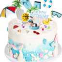 Junkin 21 Pcs Beach Cake Decorations Summer Pool Cake Topper Summer Birthday Decorations Coconut Tree Chair Umbrella Watermelon Sun for Pool Beach Party Birthday Supplies(Boy)