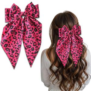 3 x Leopard Hair Clips for Women YEFIUO Bow Hair Ties No Damage Flat Spring Claw Clips Fall Winter Fashion Streamer Barrettes Hair Accessories Decoration Gifts for Ma'am Girls (Red)