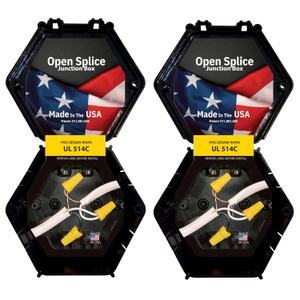 Open Splice Junction Box 2-Pack | UL 514C | One-Piece Polycarbonate Box, Code-Approved, Durable DIY Electrical Splice Enclosure in Black | Fast Installation for Safe Wiring Connections