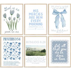 Set of 6 Trendy Blue Christian Canvas Wall Art Bible Verses Preppy Posters Coquette Blue Bow Biblical Painting Pictures Religious Scripture Prints for Girls Room Dorm Apartment Home Decor Unframed (10"Lx8"W)