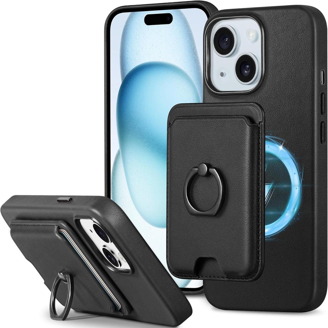SHIELDON Genuine Leather Case for iPhone 15 + Detachable Magnetic Card Holder, [Slim][Protective][Magnetic Wireless Charging][Secure-Grip Ring Stand][RFID Blocking] Compatible with iPhone 15 - Black