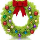 Daifunli 24 Inch Lime Green Christmas Wreath Large Red Bow and Colored Balls Ornaments Artificial Spruce Wreath for Xmas Winter Holiday Front Door Wall Windows Mantle Home Decoration
