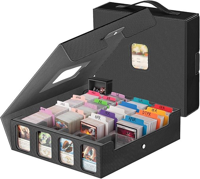 3200+ Trading Card Storage Box with Commander Display, 4 Row Card Deck Box with Portable Handle, Compatible for TCG/MTG/Magic Cards, 30 Colorful Divider, 8 Supporters, US Design Patent (Black&Grey)