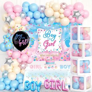 Baby Gender Reveal Decorations, Girl or Boy Gender Reveal Party Decorations, He or She Dcor Backdrop Balloon Garland Banner Tablecloth Cake Cupcake Topper Box Sash Pink Blue