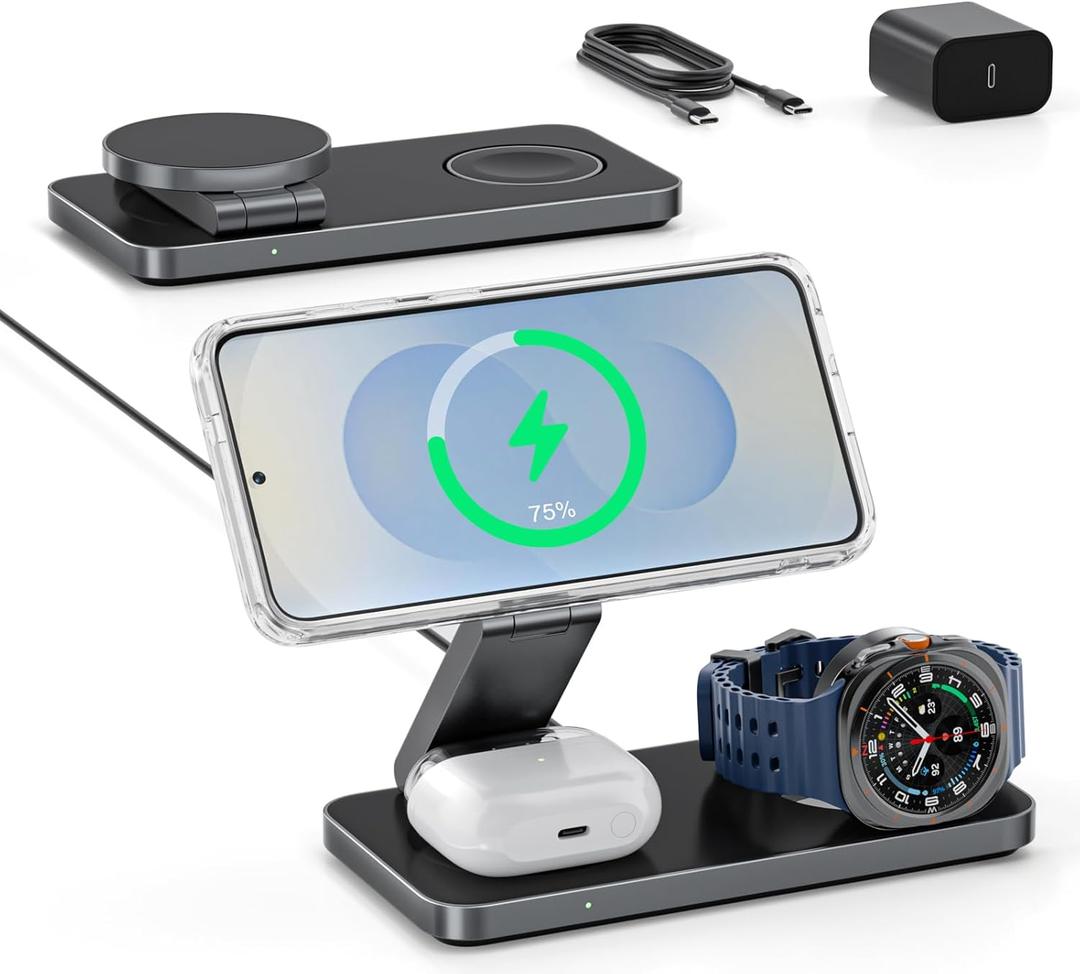 Qi2 25W Magnetic Wireless Charger for Samsung, 3 in 1 Fast Charging Station Compatible with MagSafe for Galaxy S26/S25/S24/S23/Ultra/Plus/Z Fold/Flip 8, Watch Ultra/8/7/6/5 & Buds with 35W Adapter