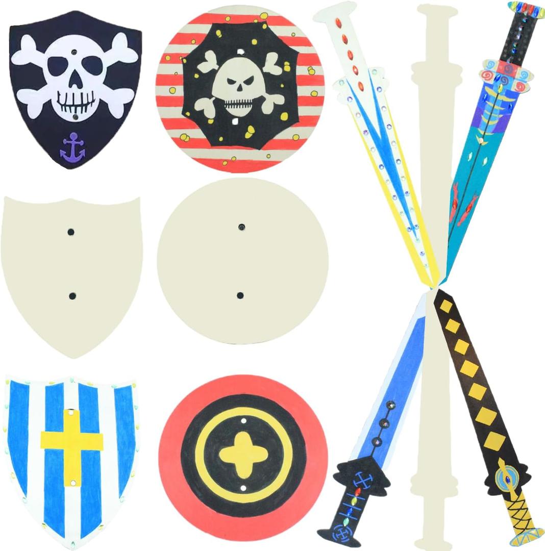 12 Piece Knight Set for Kids DIY Shield & Sword Set, Wooden Crafts Blank Shield and Sword, Kids Party, Knight Crafts Comes with Diamond Paint and Acrylic Pen