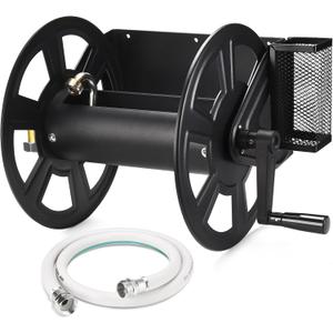 GADFISH Garden Wall Mounted Hose Reel, Metal Hose Reel, Holds 125ft of 5/8-Inch Hose(Not equipped), Equipped with 3.9ft Water Supply Hose and Small Storage Basket, Suitable for Gardens & Yards