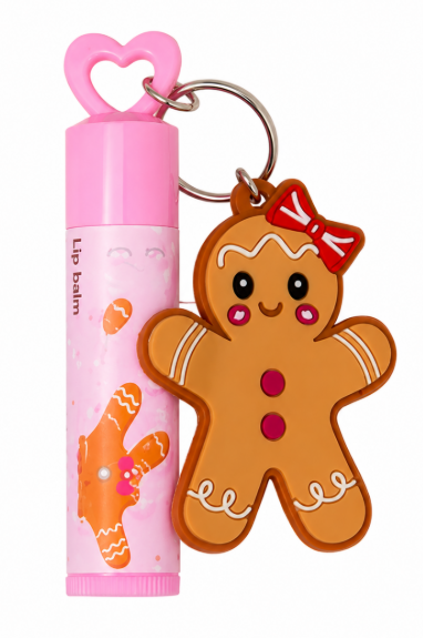 4pcs 2-in-1 lip balm keychain featuring a moisturizing lip balm and a cute gingerbread charm