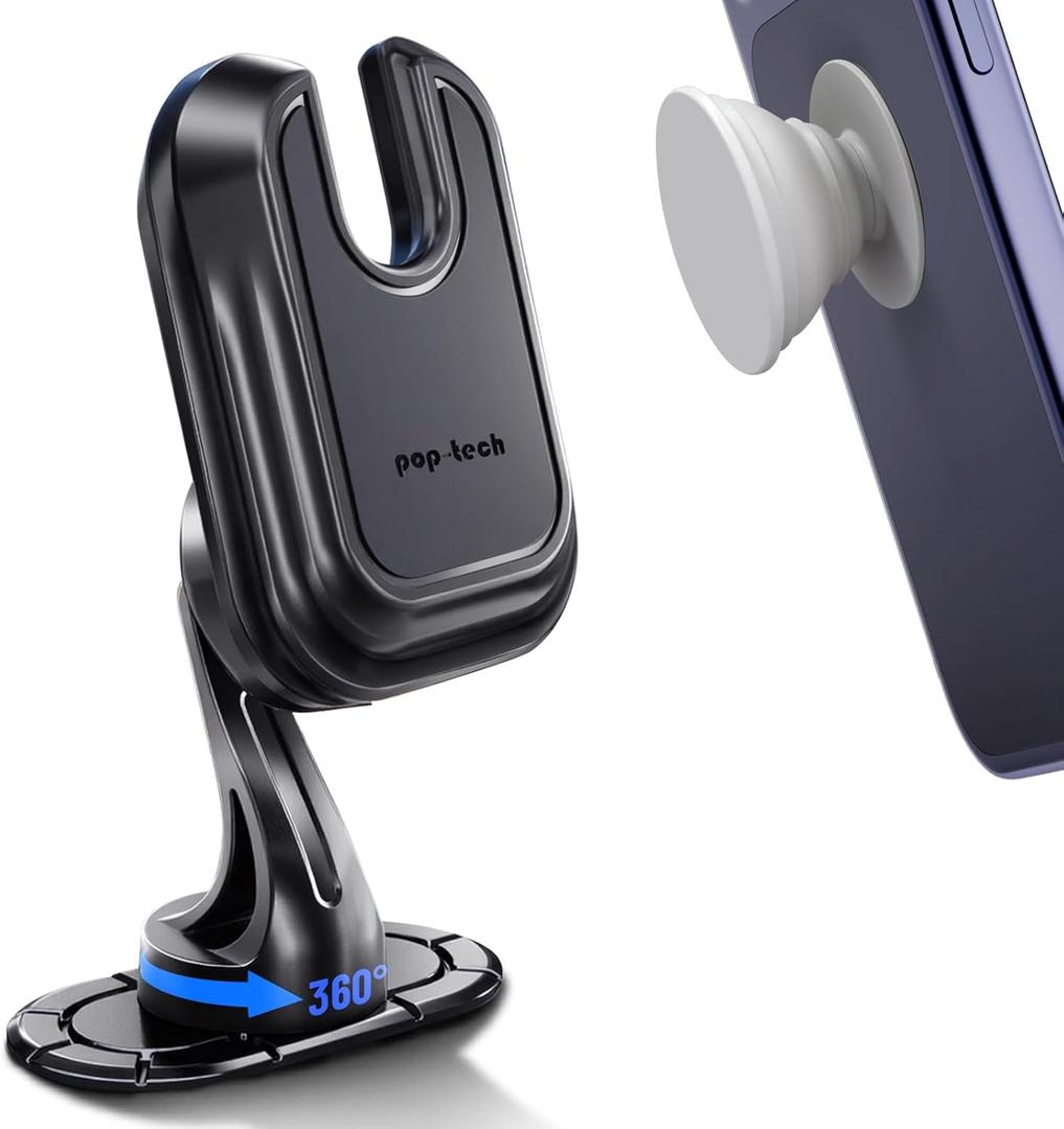 Car Phone Mount for Pop Socket: Strong Adhesive Cell Phone Holder for Automobile Dashboard - Adjustable Dash Sticky Cellphone Stand for iPhone Samsung with Thick Socket Wallet Grip Card Holder Black/Gray