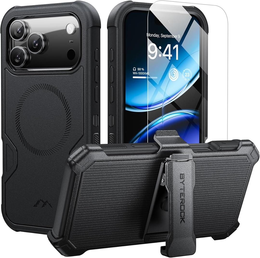 for iPhone 17 Pro Max Case 6.9" with Belt Clip Holster,Compatible with MagSafe,Anti-Drop,Shockproof,Heavy Duty Protection,w/Screen Protector,with 360Rotating Kickstand,Black