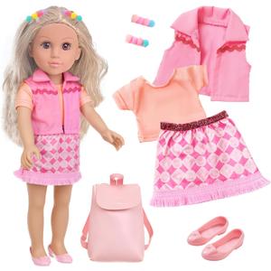 18 Inch Girl Doll Playset with Clothes and Accessories Including 18 Inch Doll Jacket T-Shirt Skirt Shoes backbag Hairband for Little Girl