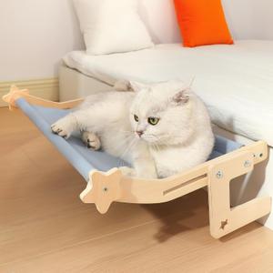 Cat Window Perch for Large Cats, Heavy Duty Hammock Bed No Drill Design, Solid Wood Frame Seat with Metal Hooks, Adjustable Windowsill or Bedside Use, Washable Cushion for Indoor Pets