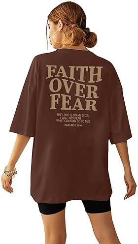 BANGELY Faith Over Fear Shirt Women Graphic Shirts Oversized Workout Gym Christian Religious Tees Drop Shoulder Tee Tops M