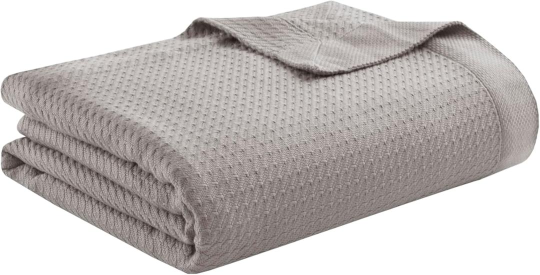 Madison Park 100% Egyptian Cotton Lightweight Summer Blanket, Breathable Waffle Knit Design, Soft Cozy All-Season Throw for Bed, Couch or Sofa, Grey Full/Queen Size (90"x90")
