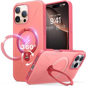 TORRAS 360 Spin Magnetic Stand for iPhone 16 Pro Max Case, Fit for MagSafe, Military Grade Protective Case for iPhone 16 Pro Max Phone Case Ostand with Kickstand Rotatable, Coral Pink Red, 6.9 inch