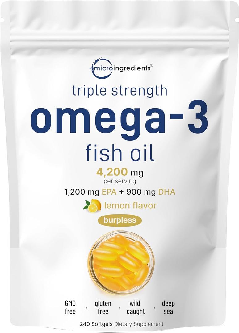Micro Ingredients Triple Strength Omega 3 Fish Oil Supplements 4200mg Per Serving, 240 Softgels – Lemon Flavored – Burpless | EPA 1200mg + DHA 900mg | Deep Sea Fish, EXP 05/2028
