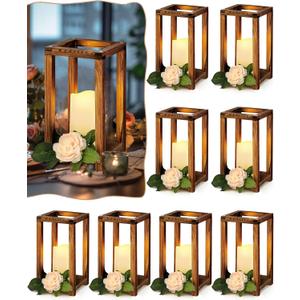 16 Pcs Lantern Wedding Centerpieces Includes 8 Rustic Wooden Wedding Lantern Centerpiece for Decorative Candle and 8 Flameless Lantern Candle Holder for Valentine Wedding Table Decor(Brown)